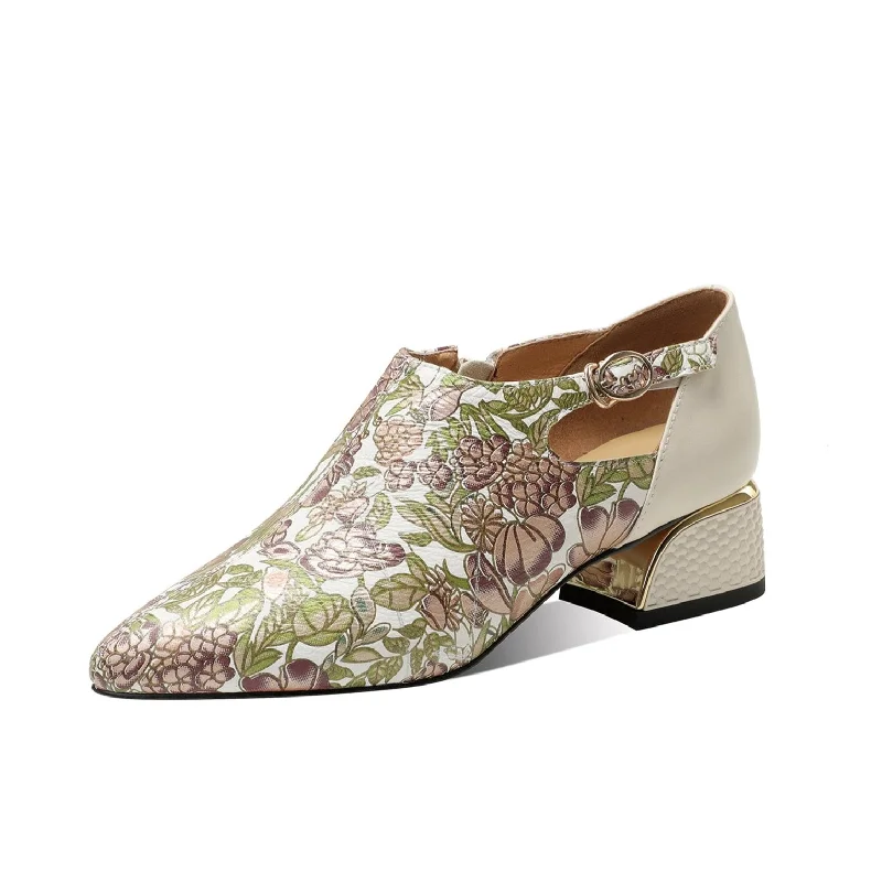 Women's hypoallergenic stiletto heel pumps for sensitive skinTinaCus Handmade Women's Genuine Leather Side Zip Pointed Toe Flower Chunky Heel Pumps