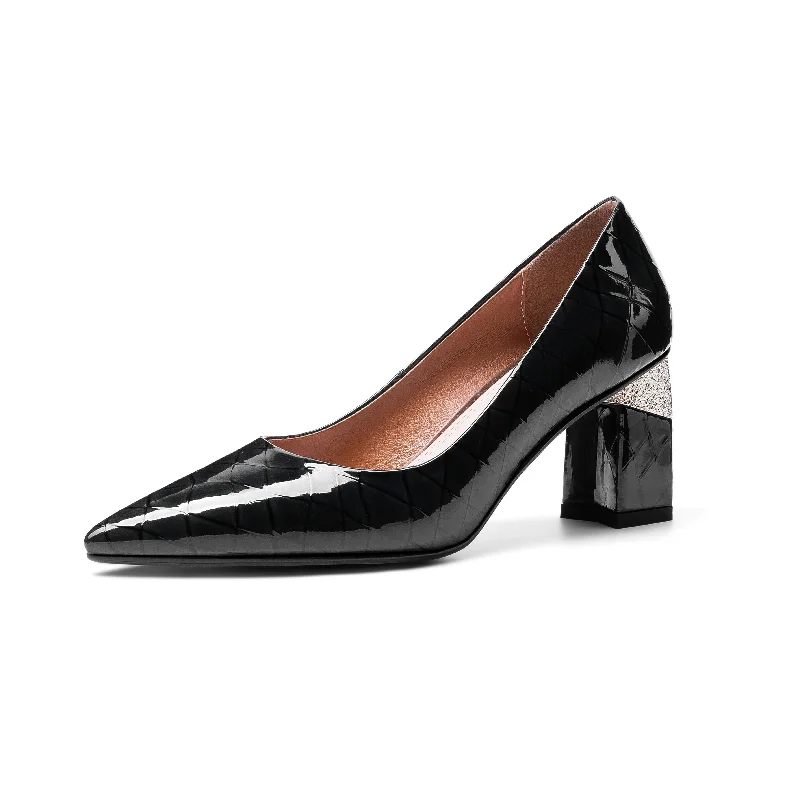 Women's wedding stiletto heel pumps with a pearl - encrusted strapTinaCus Women's Glossy Patent Leather Handmade Clear Pointed Toe Mid Chunky Heel Slip On Modern Pumps with Attractive Pattern