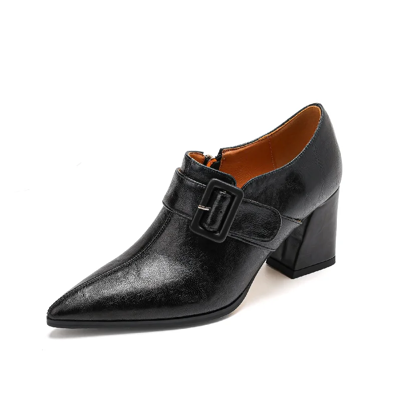Women's metallic leather stiletto heel pumps with a reflective surfaceTinaCus Women's Handmade Genuine Leather Buckle Chunky Heel Side Zip Pumps
