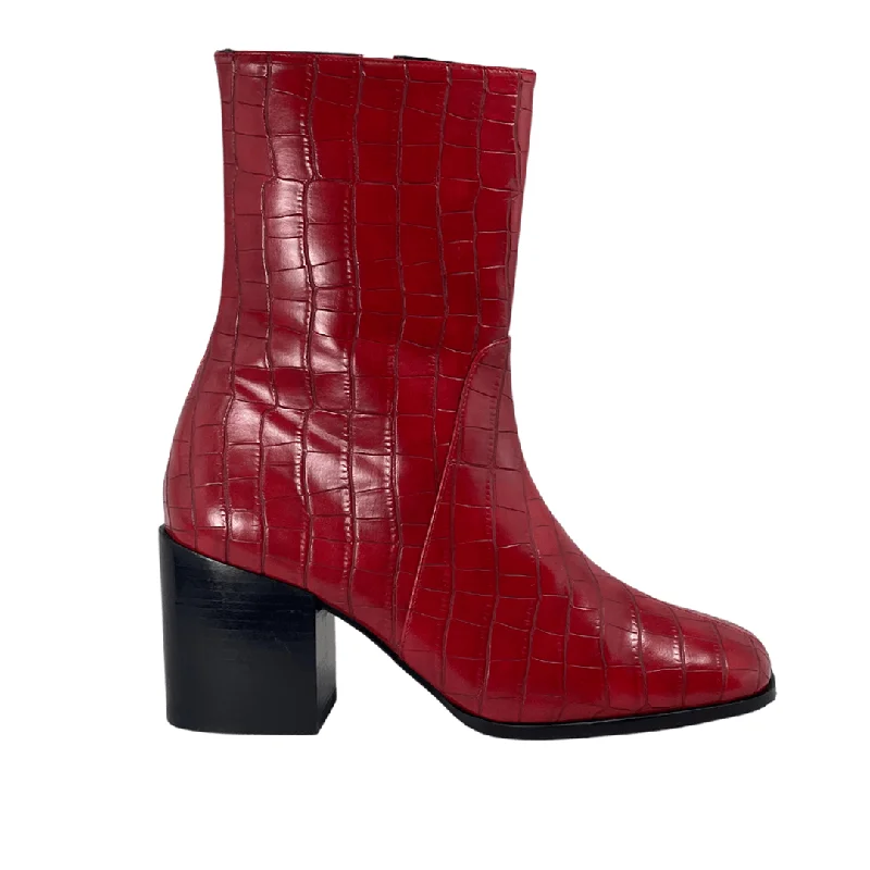 Women's mustard yellow stiletto heel pumps for a trendy pop of color'Menos' vegan mid-calf boot by Zette Shoes - red croc