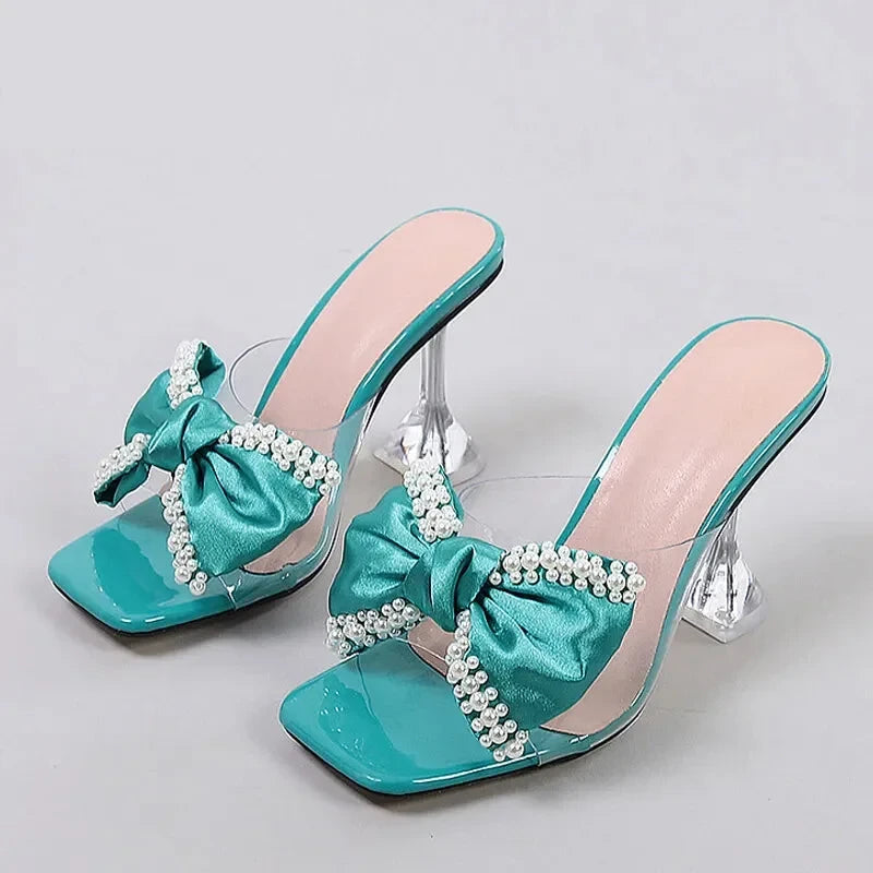 Women's lace - trimmed stiletto heel pumps with a scalloped edgeWomen's Summer Pearl Butterfly-knot Transparent High Heel Pumps