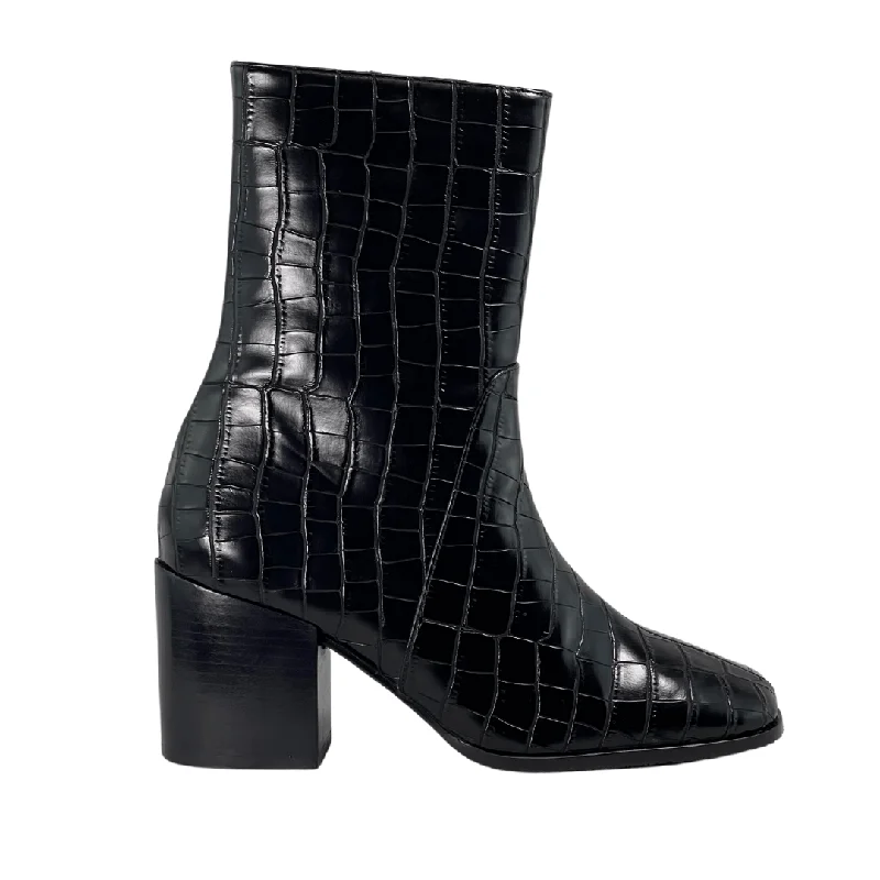 Women's hot pink stiletto heel pumps for a fun night out'Menos' vegan mid-calf boot by Zette Shoes - black faux-croc