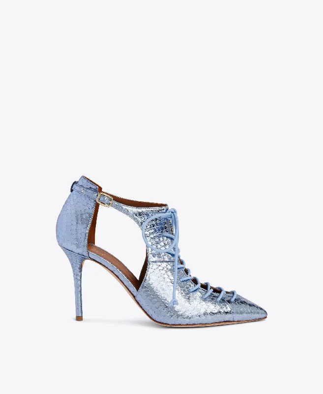 Women's office - appropriate stiletto heel pumps with a low - heel optionMontana 85 Steel Blue Leather Pumps