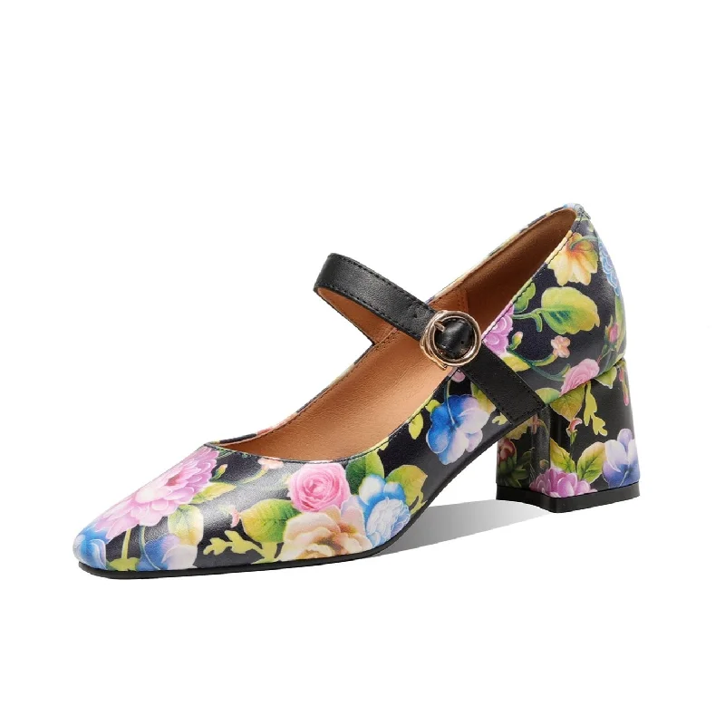 Women's ruffled stiletto heel pumps for a romantic styleTinaCus Women's Floral Handmade Genuine Leather Buckle Chunky Heel Mary Jane Pumps