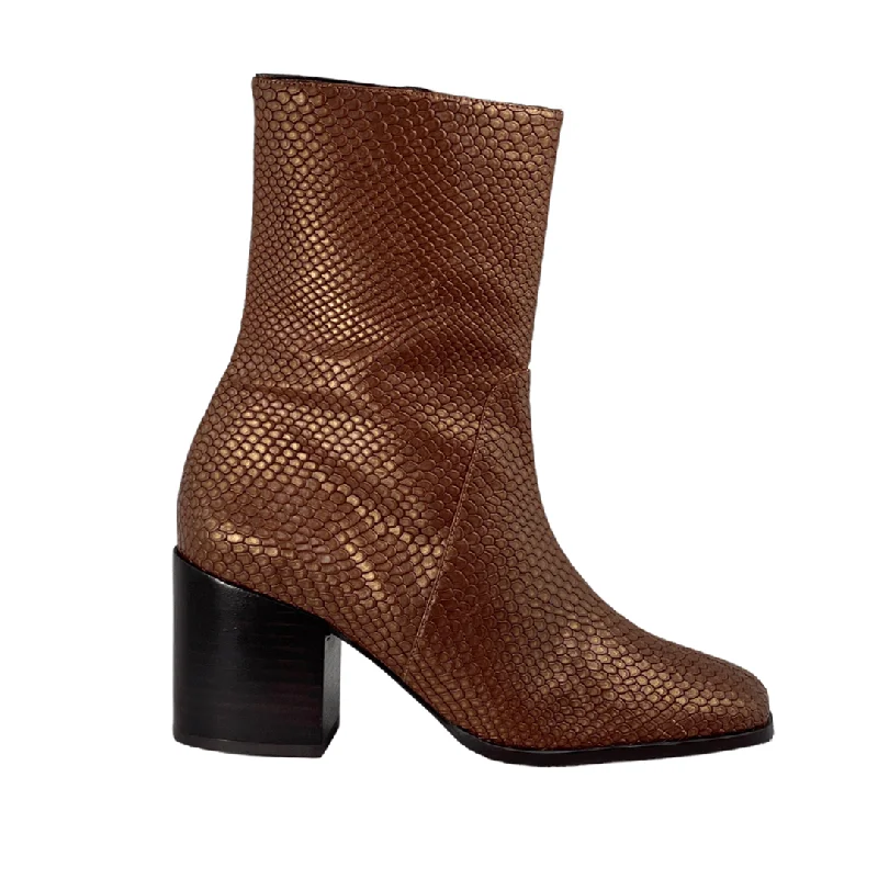 Women's charcoal gray stiletto heel pumps for a neutral yet stylish option'Menos' faux-snakeskin vegan mid-calf boot by Zette Shoes - cognac