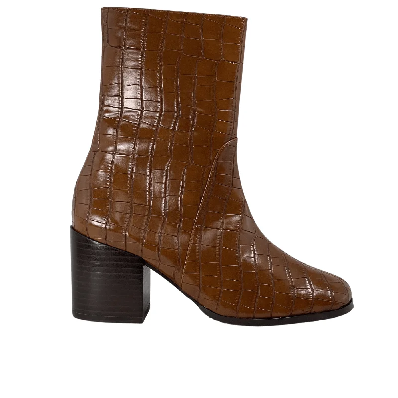 Women's snakeskin - embossed stiletto heel pumps for a bold statement'Menos' vegan mid-calf boot by Zette Shoes - brown croc