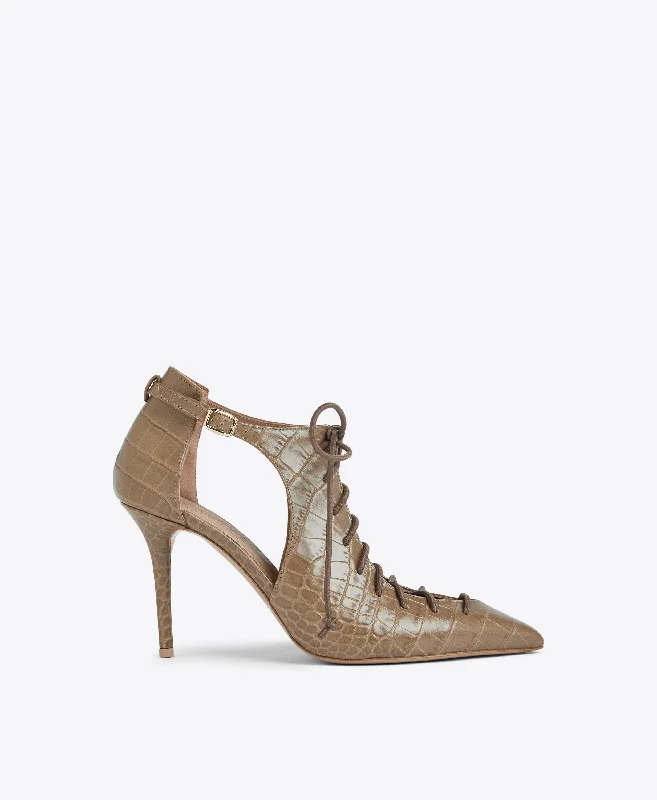Women's cocktail party stiletto heel pumps with a unique patternMontana 85 Taupe Leather Pumps