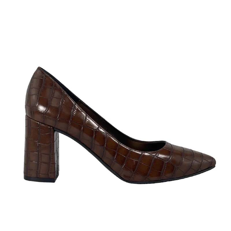 Women's holiday party stiletto heel pumps with a festive touch'Tanya 2'  vegan high heel by Zette Shoes - brown croc
