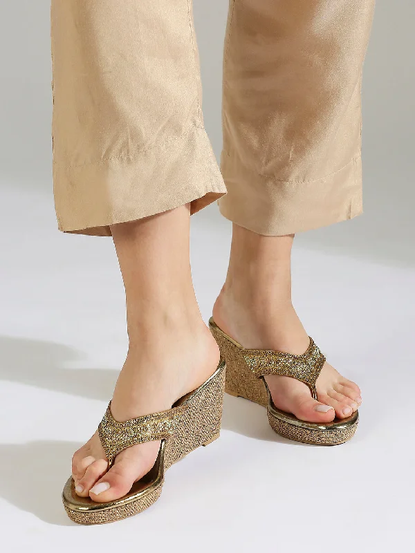 Women's Sandals with a Glitter - Coated Strap in Gold for a Sparkly Summer OutfitWomen Antique Embellished Ethnic Wedge Sandals