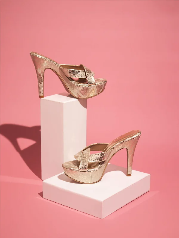 Women's Sandals with a Floral - Printed Upper in Pink for a Feminine Spring LookWomen Gold Textured Party Stiletto Sandals