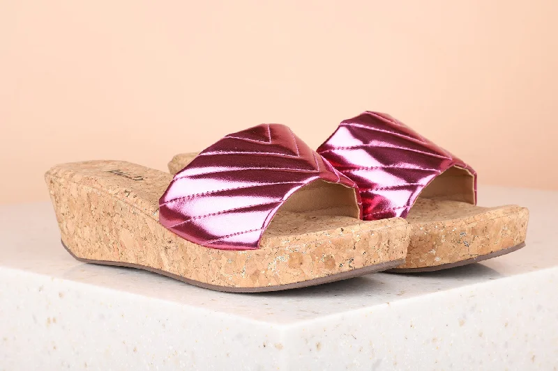 Adjustable Strap Women's Sandals with a Padded Heel in Pink for a Custom FitWomen Rani Pink Shimmer Wedges Sandals