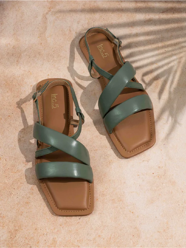 Elastic - Strap Women's Sandals with a Padded Toe in Teal for Easy On - and - OffWomens Green Casual Striped Open Toe Flats Sandals