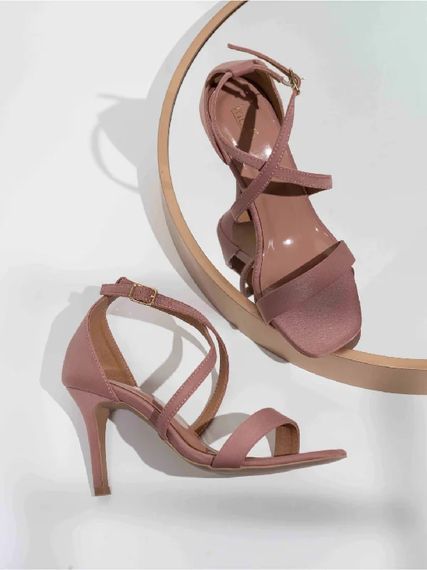 Adjustable Strap Women's Sandals with a Padded Heel in Pink for a Custom FitWomens Peach Party Wear Solid Square Toe Stiletto Heel Sandals