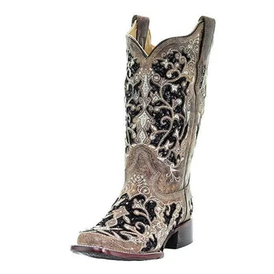women's western boots for ridingCorral Womens Black Sequin Inlay Cowboy Square Toe Boots A3648