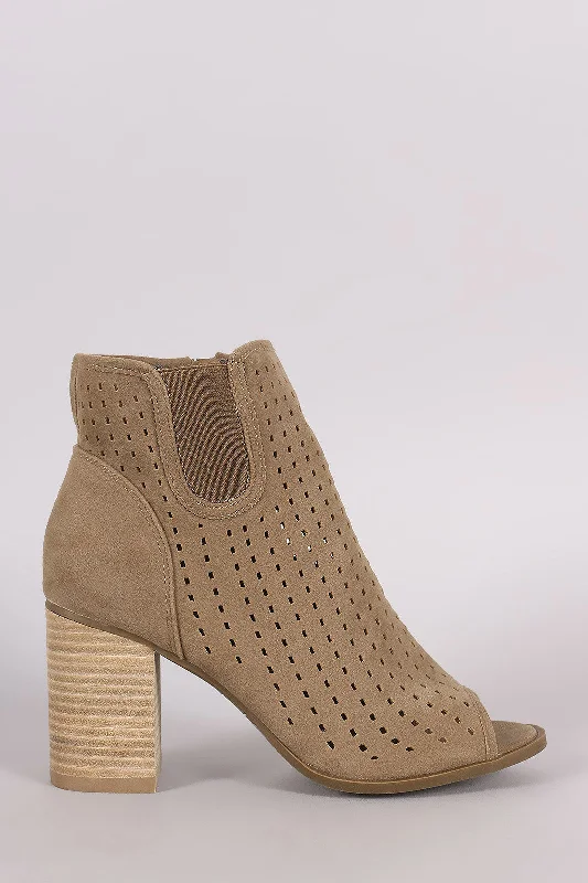 women's booties with chukka stylePerforated Peep Toe Chunky Heeled Ankle Boots