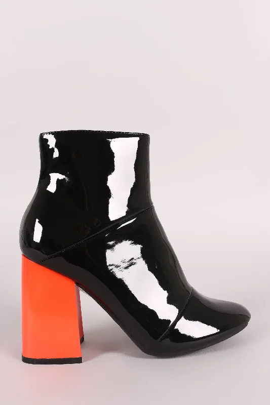women's booties with pointed toeSeamed Contrast Chunky Heeled Patent Ankle Boots